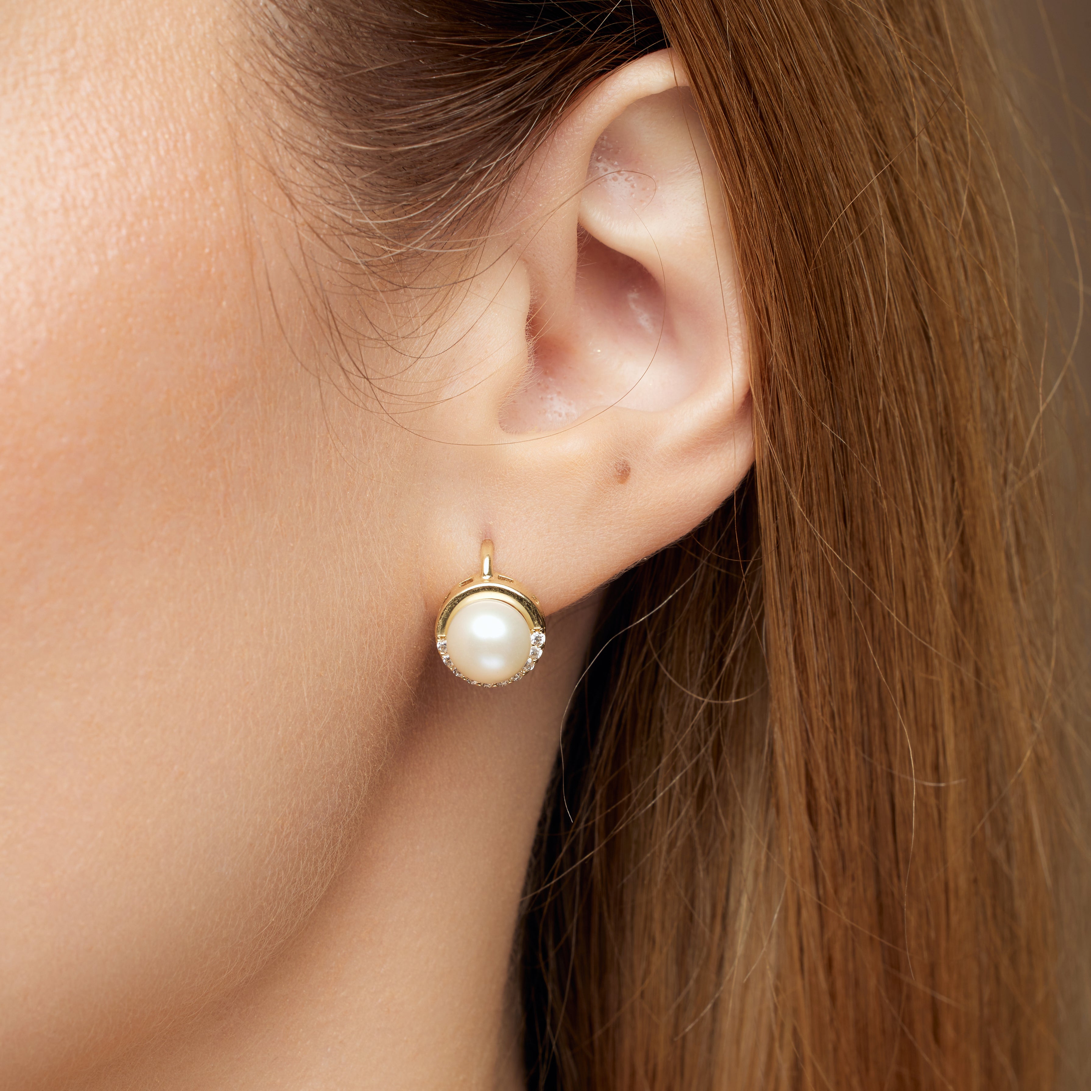 Gold pearl earrings – ‘Lustré' earrings with Zirconia setting in 14k solid gold