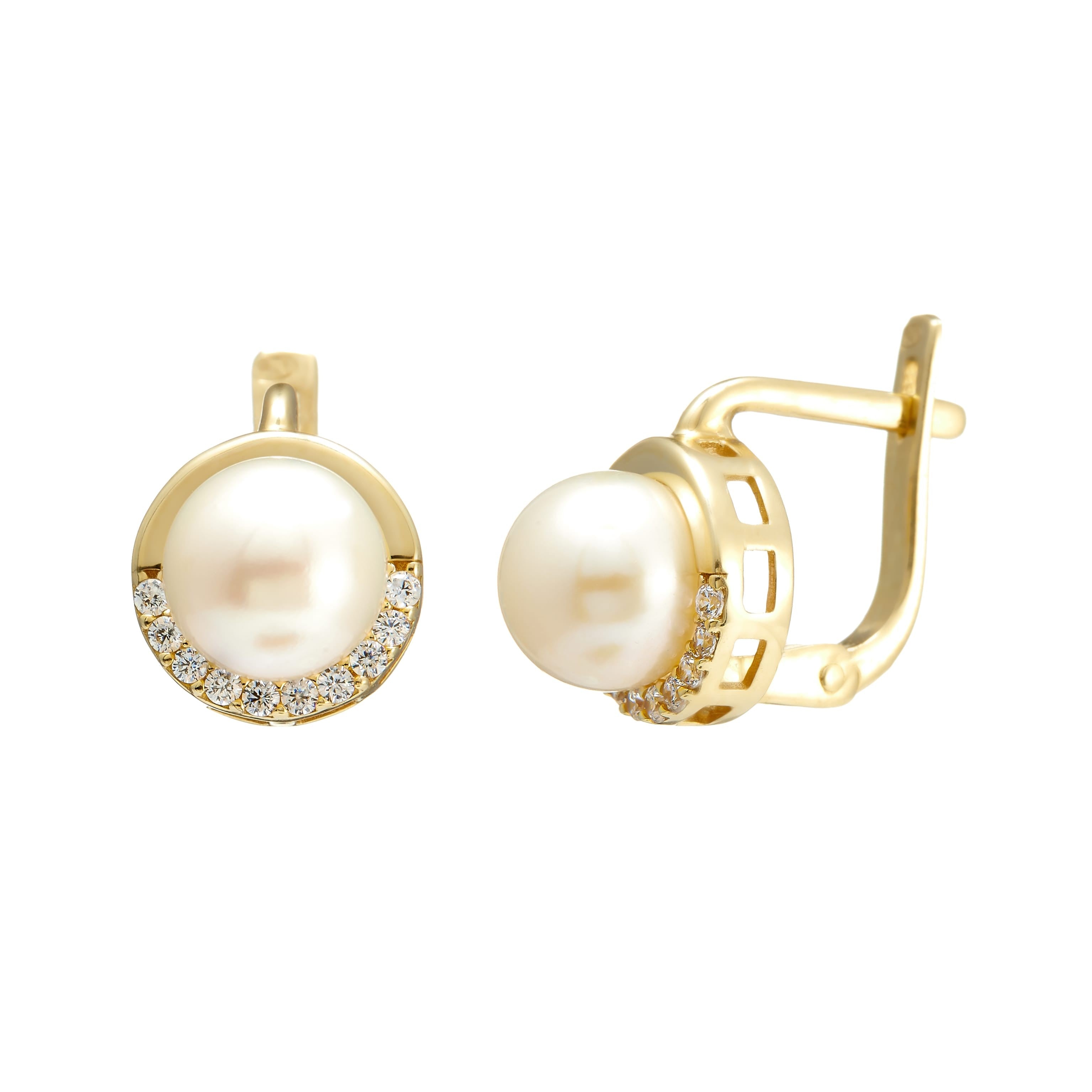 Gold pearl earrings – ‘Lustré' earrings with Zirconia setting in 14k solid gold
