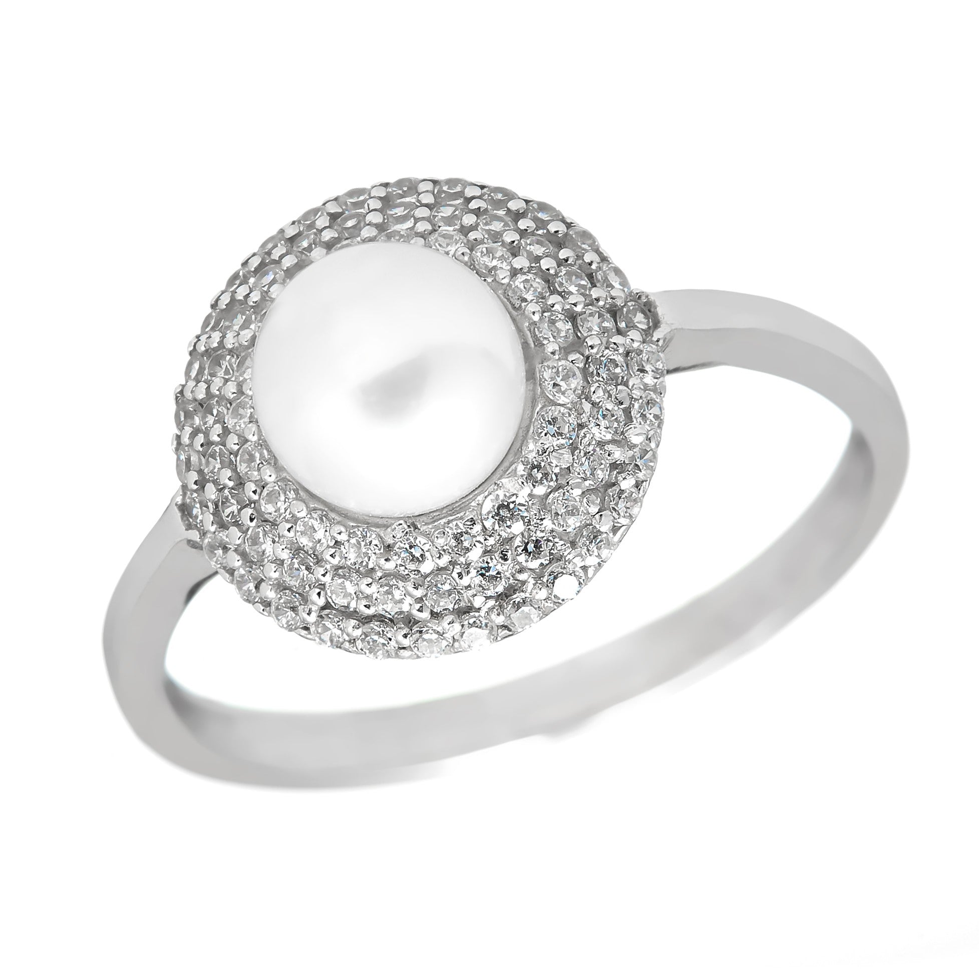 White gold pearl ring – ‘Lustré' ring with stacked Zirconia setting in 14k solid white gold