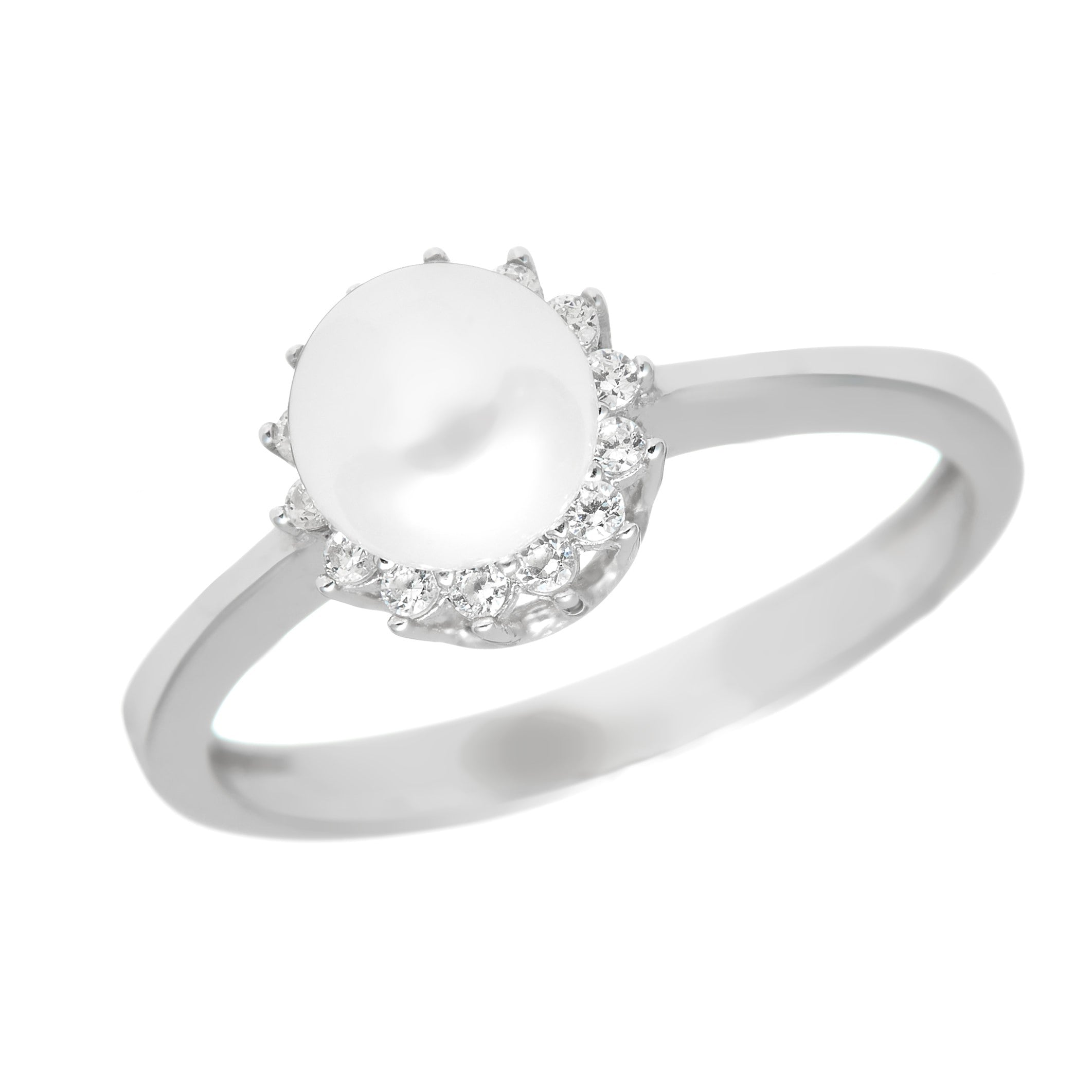 White gold pearl ring – ‘Lustré' ring with Zirconia setting in 14k solid white gold