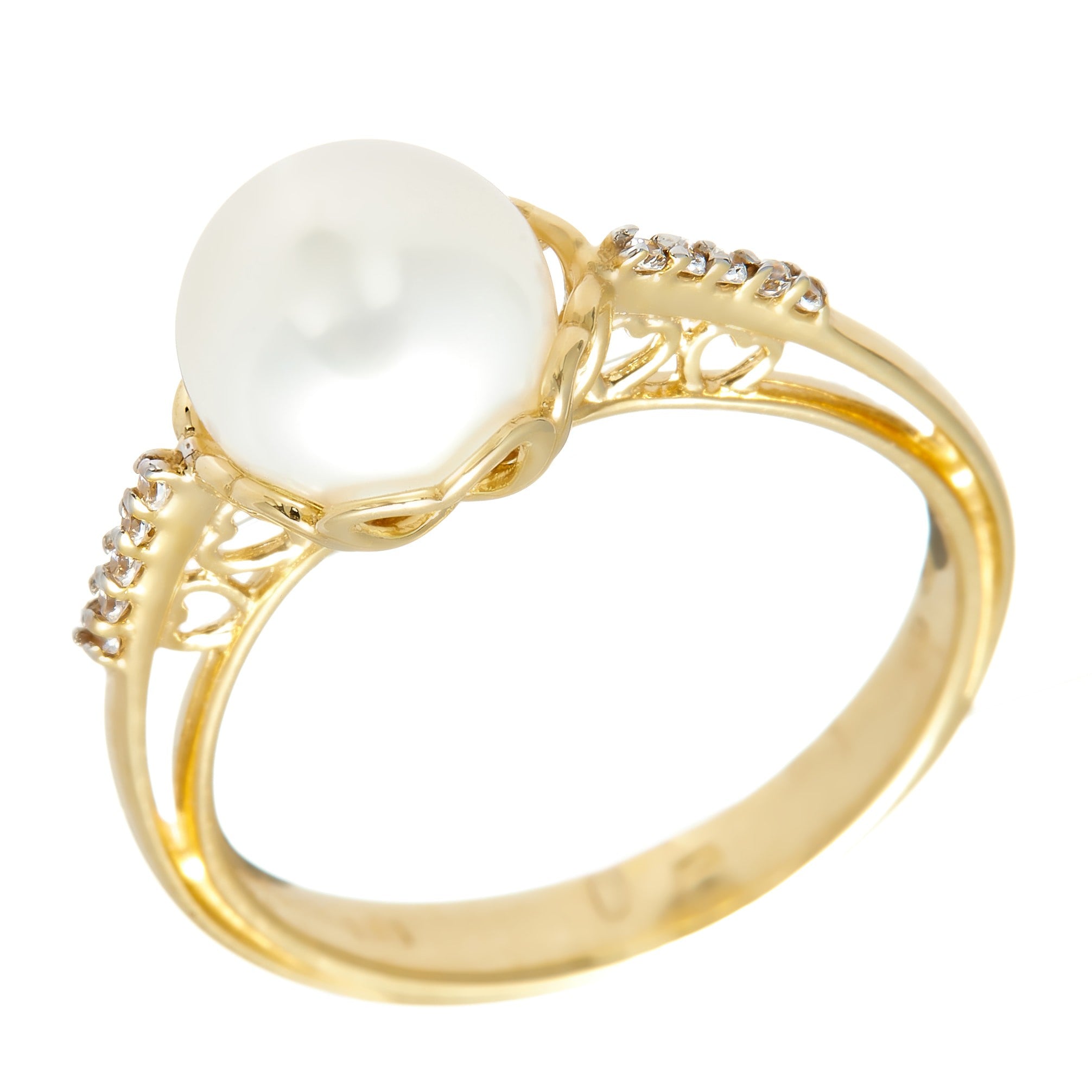 Gold pearl ring – ‘Lustré' ring with Zirconia leaf in 14k solid gold