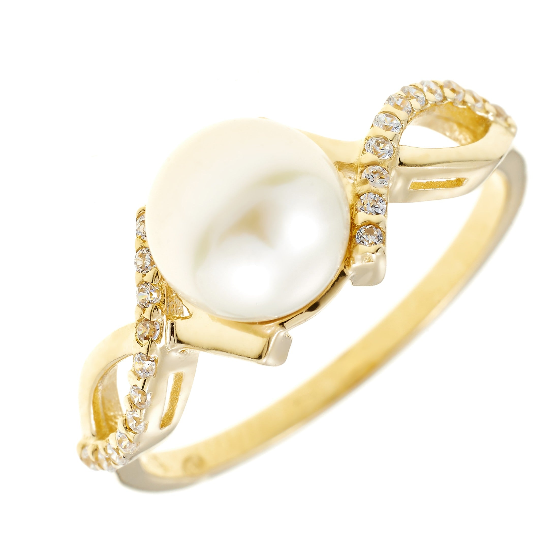 Gold pearl ring – ‘Lustré' ring with Zircona twist in 14k solid gold